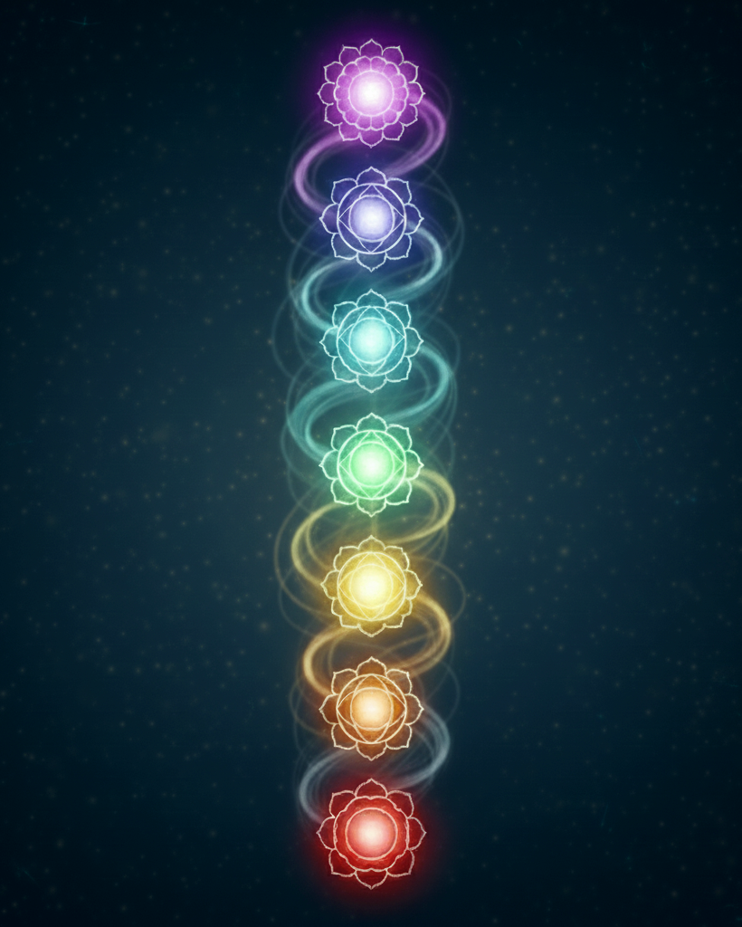 Bunte Chakren-Symbole in vertikaler Anordnung auf dunklem Hintergrund.